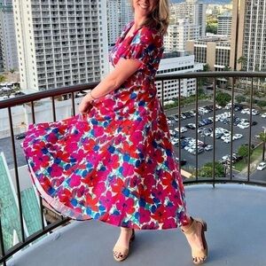 Lili Sidonio Retro Smocked Floral Fuchsia Andy Midi Dress Pink Blue M Medium